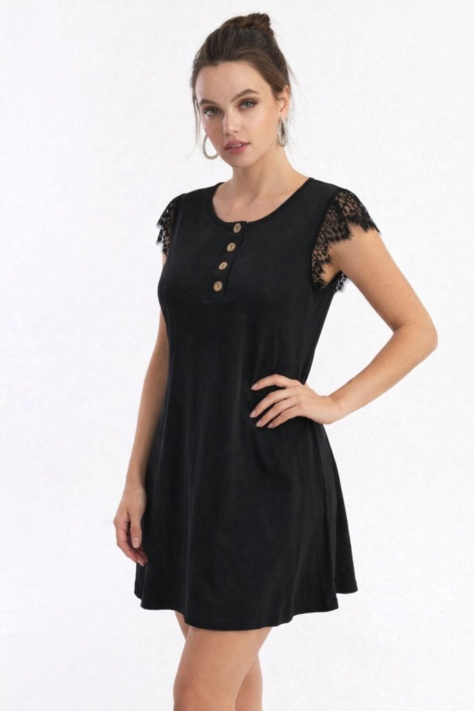 Women's Short Lace Sleeve Button-Front Viscose Dress, 32231