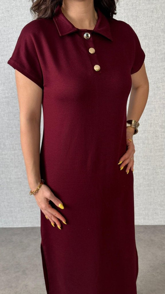 Women's Short Sleeve Collared Side Slit Viscose Double Knit Dress, 26291