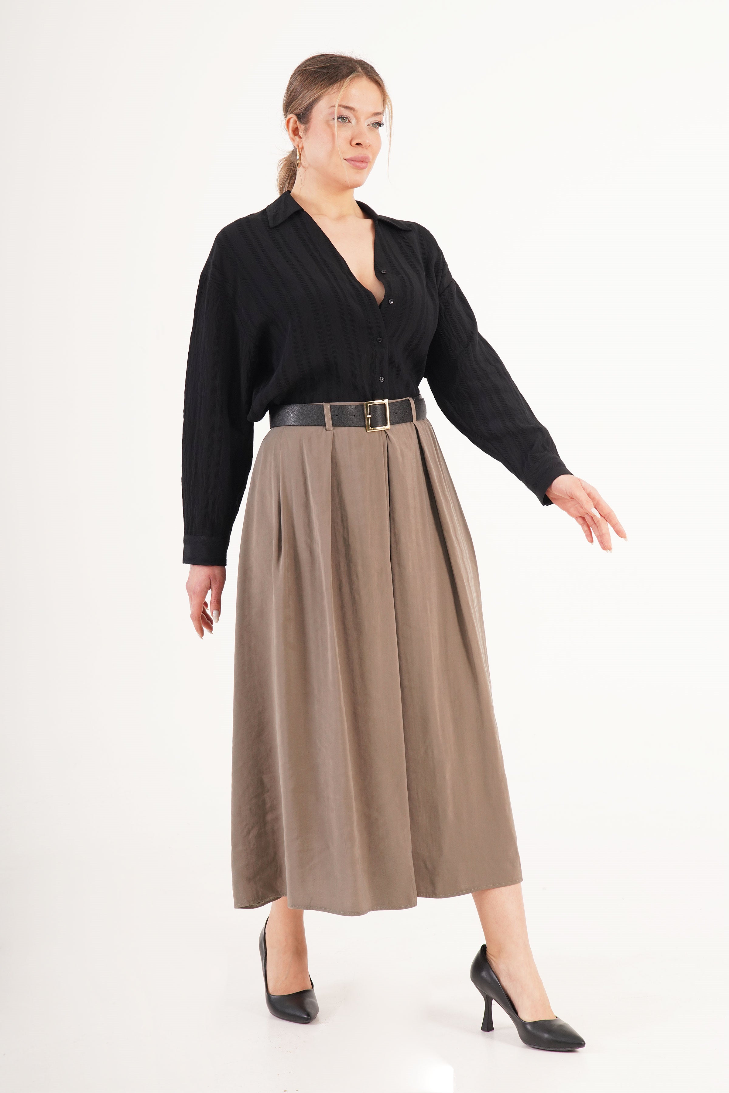 Kemerli Pilili Vizon Midi Toptan Etek Vizon S