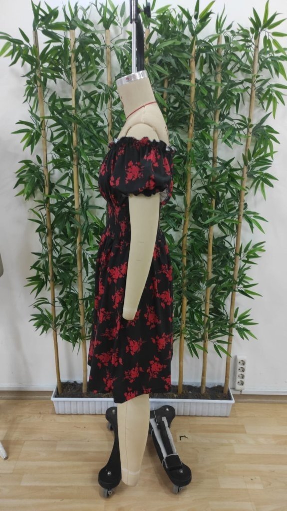 Kadın Kısa Kollu Madonna Yaka Beli Lastikli çiçek Desenli Kısa Süprem Elbise, 33288