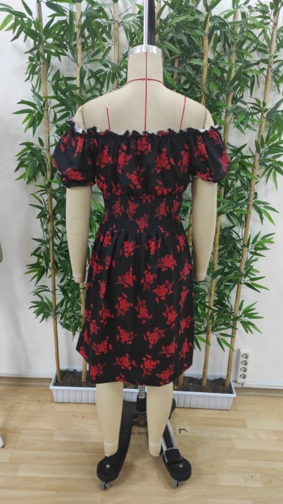 Kadın Kısa Kollu Madonna Yaka Beli Lastikli çiçek Desenli Kısa Süprem Elbise, 33288