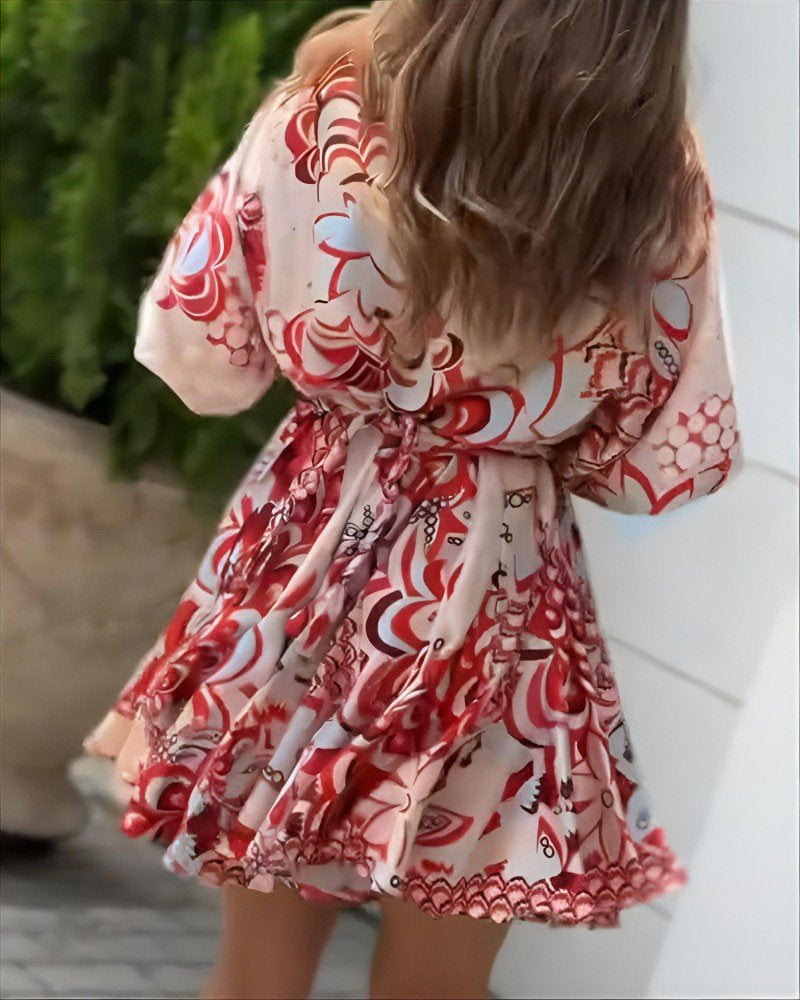 Kadın Kısa Balon Kollu Yuvarlak Yakalı Pileli Desenli Mini Elbise , 36172