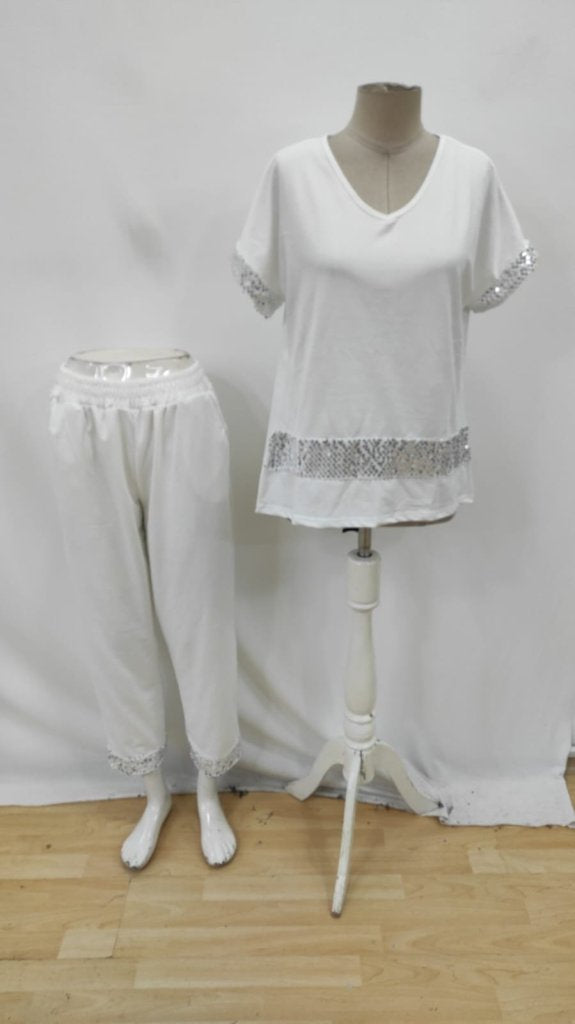 Kadın Kısa Kollu V Yakalı Pul Payetli Viskon Iki Iplik Bluz Ve Pantolon Ikili Takım , 34506