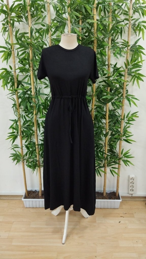 Women's Short-Sleeved Crew Neck Maxi Length Viscose Dress with Tie Waist, 26679