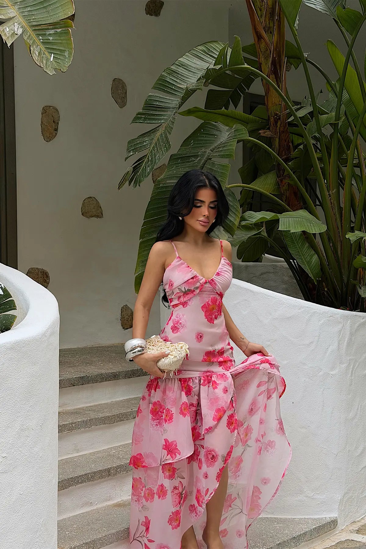 Pembe Askılı Uzun Elbise