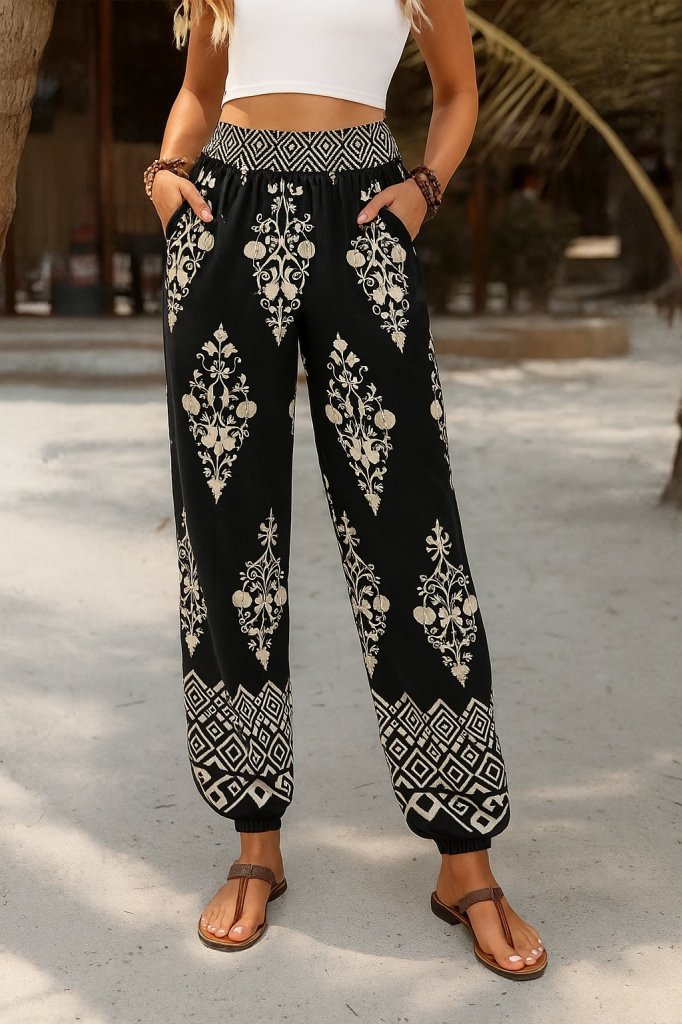 Women's High Waist Patterned Elasticated Suprem Trousers, 26665