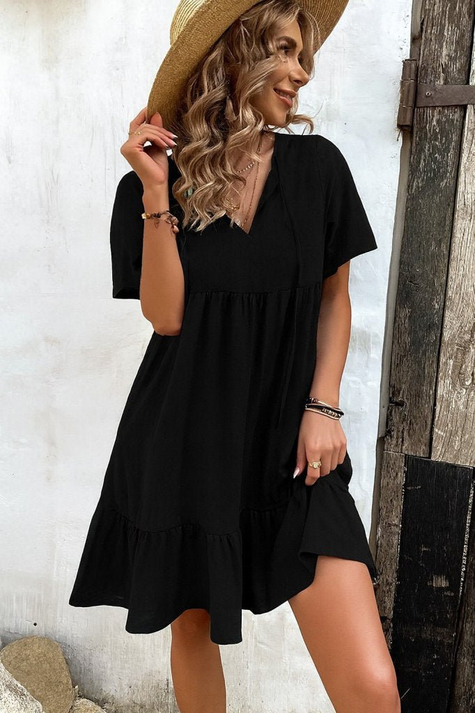 Women's Short Sleeve Collared Lace-up Button-Front Ruffle Patterned Supreme Dress, 26746