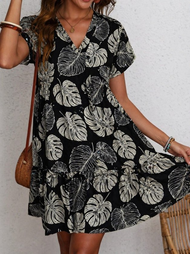 Women's Short Sleeve V-Neck Flared Patterned Supima Dress, 34166