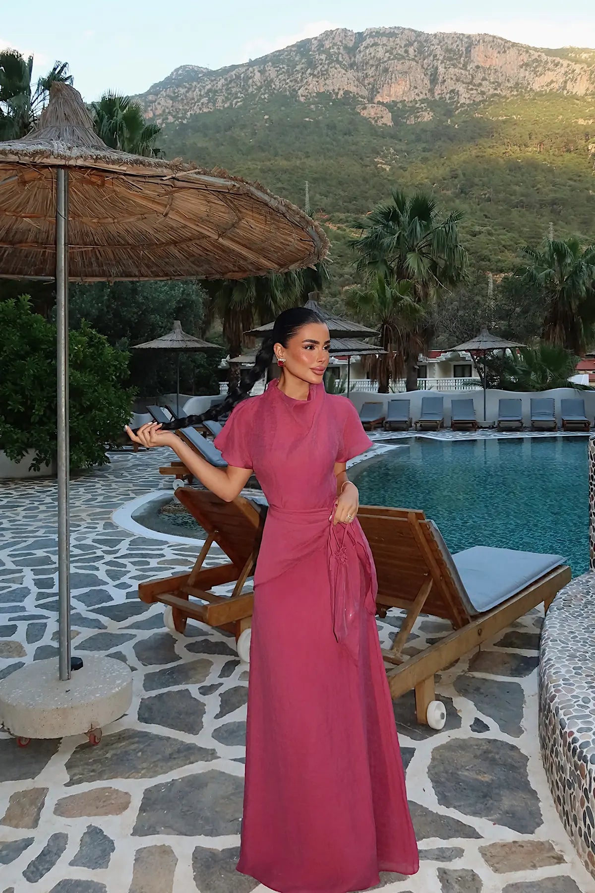Vişne Çürüğü Şal Detay Uzun Elbise