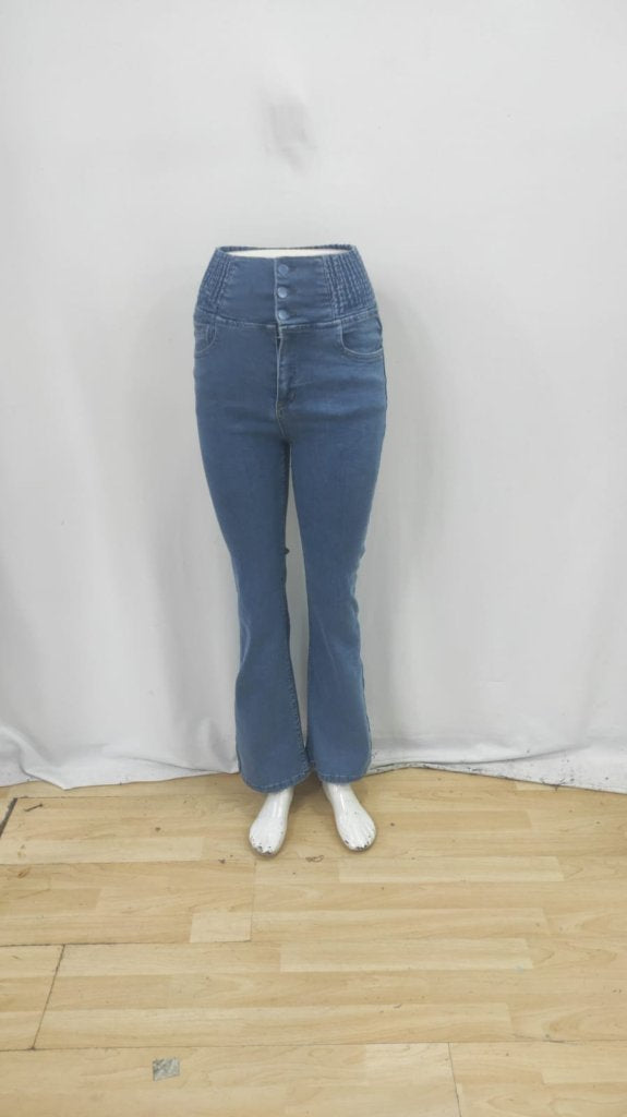 Kadın Yüksek Bel Yanları Lastik önü Düğmeli Kot Pantolon , 32826