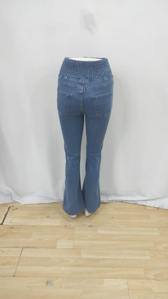 Kadın Yüksek Bel Yanları Lastik önü Düğmeli Kot Pantolon , 32826