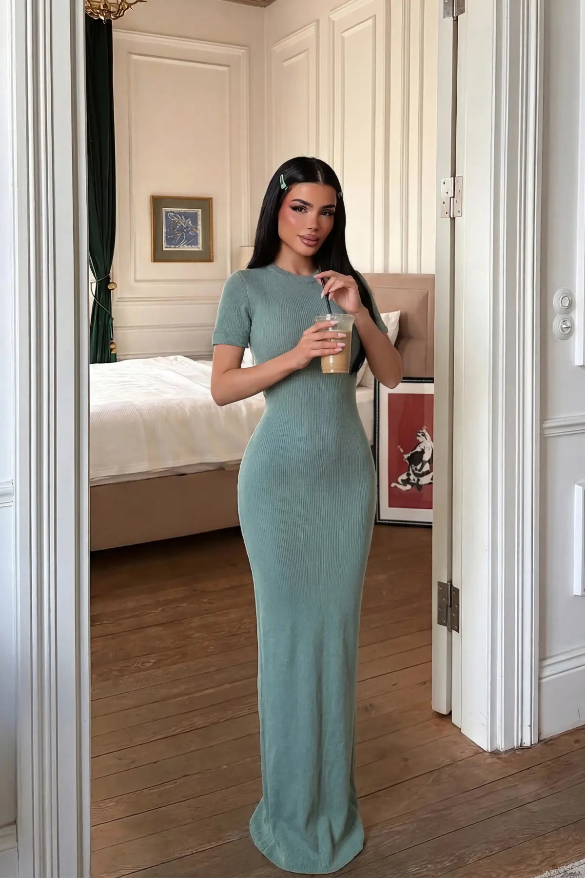 Çağla Yeşili Triko Uzun Elbise