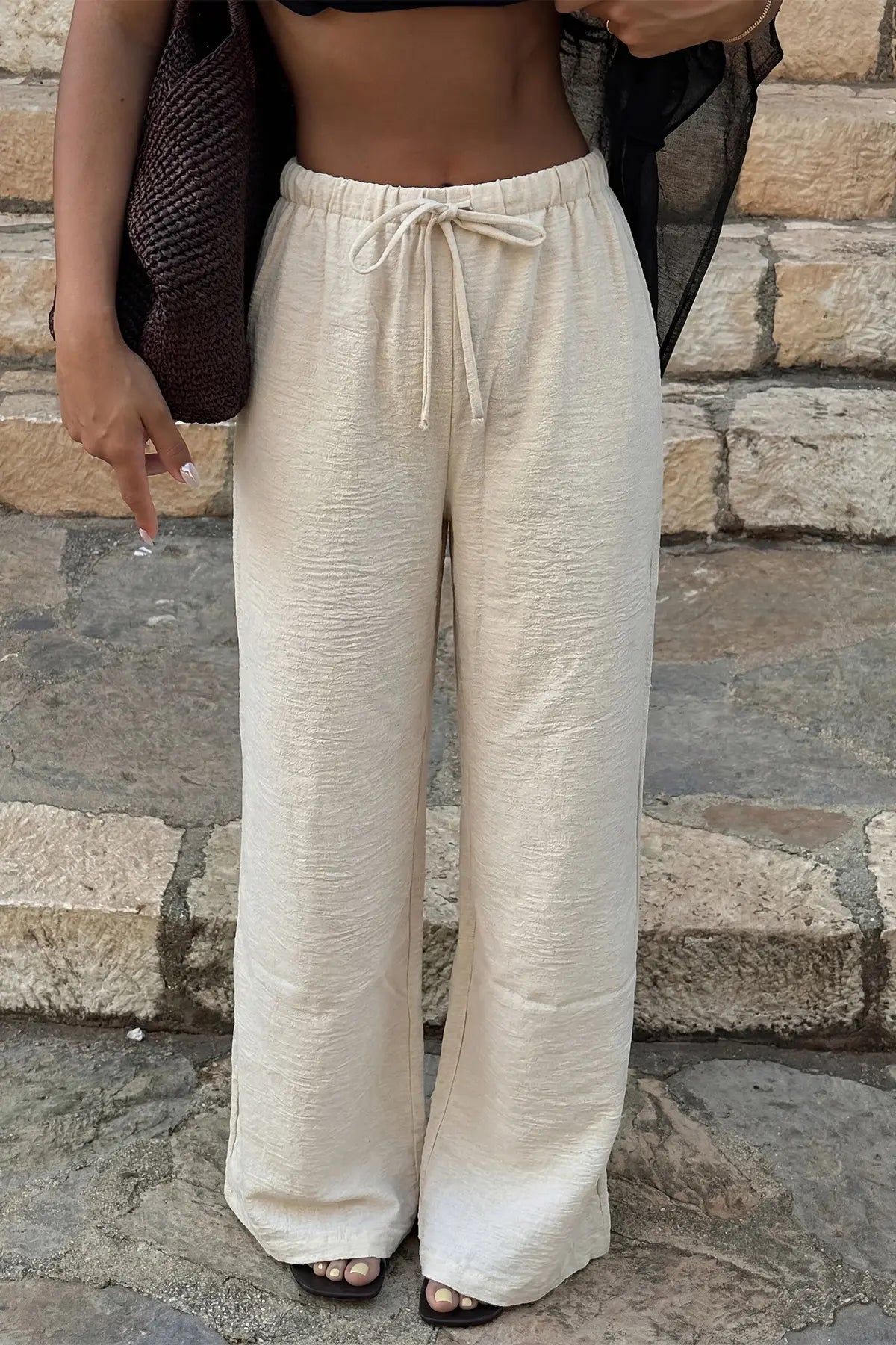 Krem Bağlamalı Pantolon