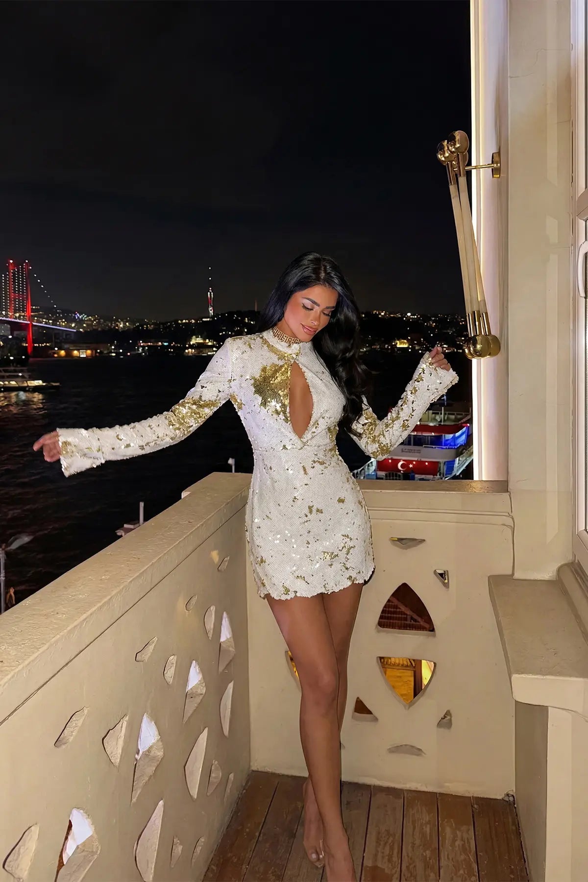 Beyaz Tamara Payetli Mini Elbise