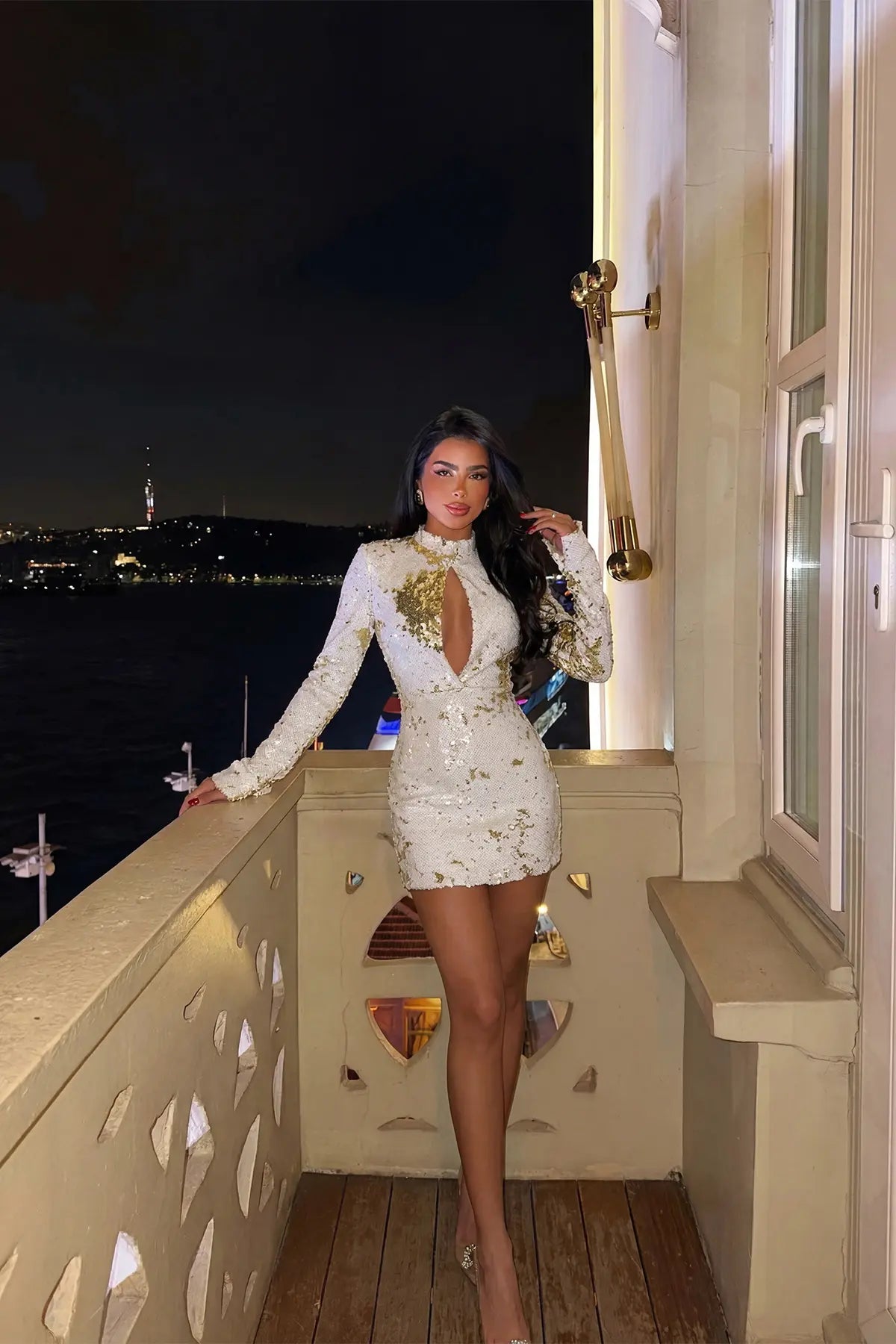 Beyaz Tamara Payetli Mini Elbise