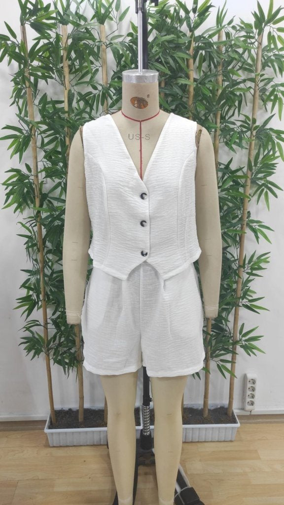 Kadın Sıfır Kol Askılı V Yakalı önden Düğmeli Ithal Keten Ceket Ve şort Ikili Takım, 36872