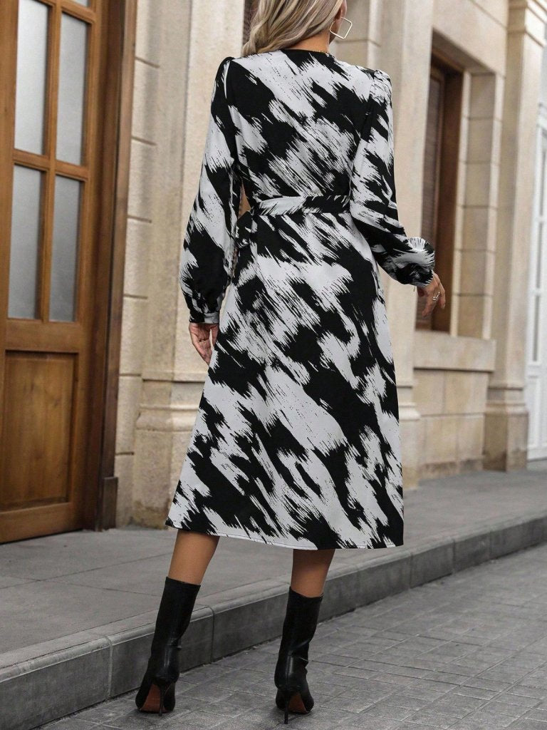 Kadın Uzun Kollu Kruvaze Yakalı Yandan Bağlamalı Desenli Mini Modal Elbise , 27847