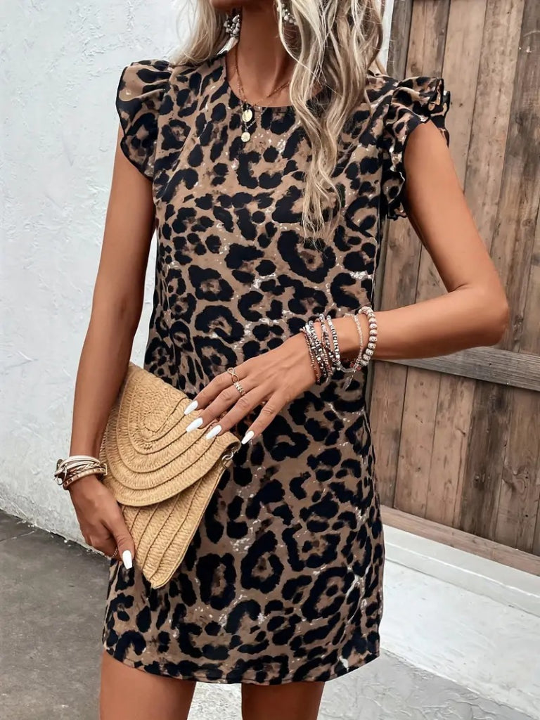 Kadın Kısa Kollu Kolları Fırfır Detay Arkası Bağlamalı Leopar Desen Kolsuz Mini Mikro Elbise, 34291
