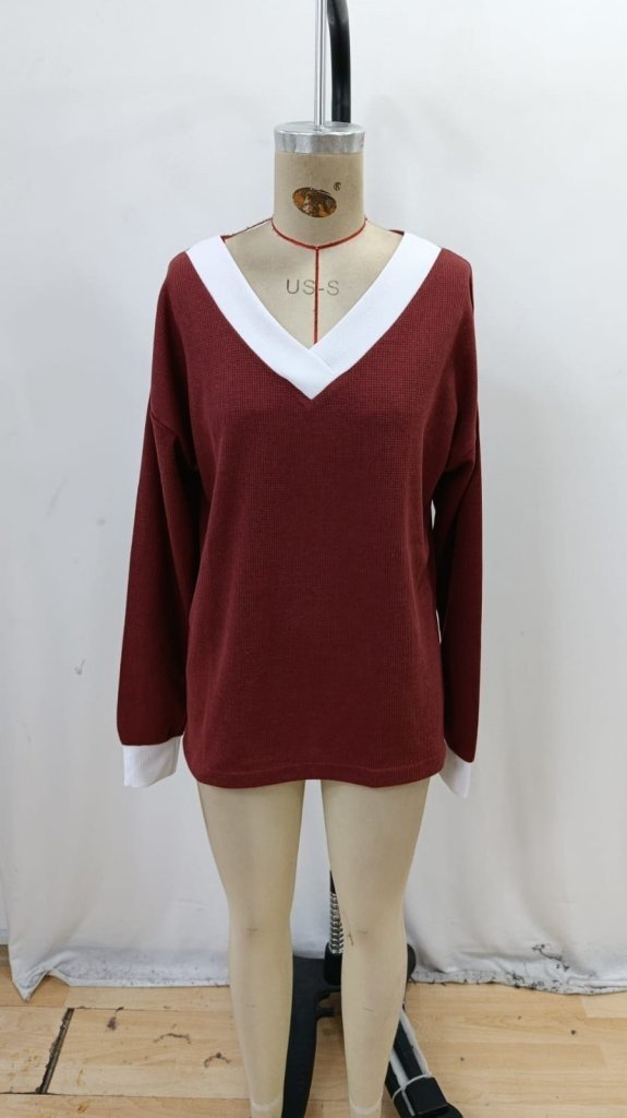 Women's Long Sleeve V-Neck Waffle Blouse, 32082
