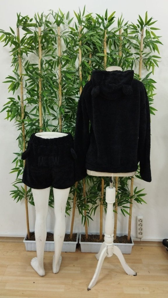 Kadın Uzun Kollu Kapşonlu Peluş Bluz Ve Kısa Short Ikili Takım, 30289