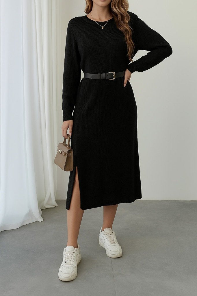Women's Long Sleeve Crew Neck Side Slit Midi Knit Dress, 28620