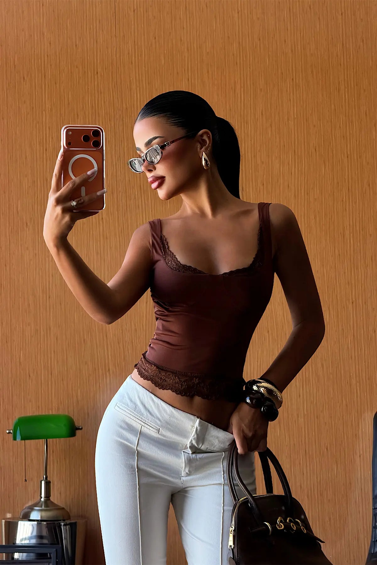 Kahverengi Dantel Detay Crop