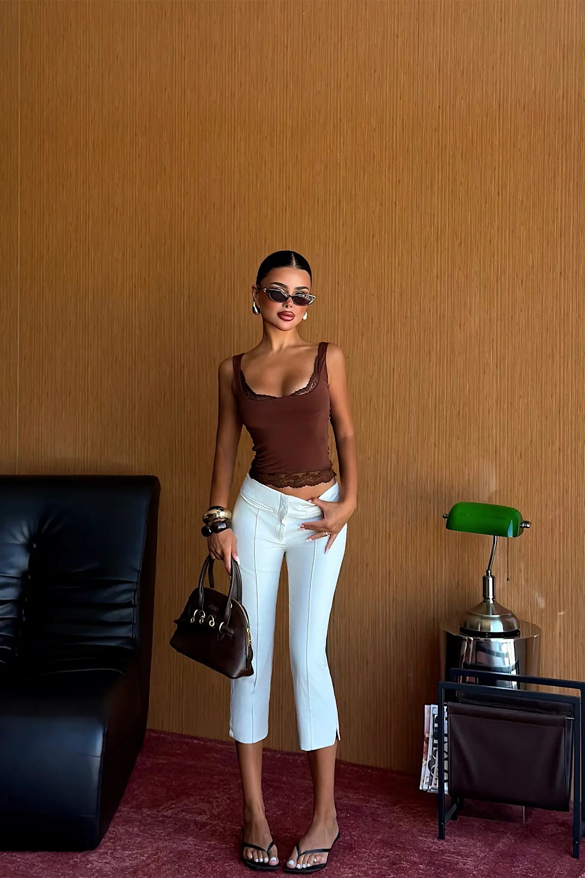 Kahverengi Dantel Detay Crop