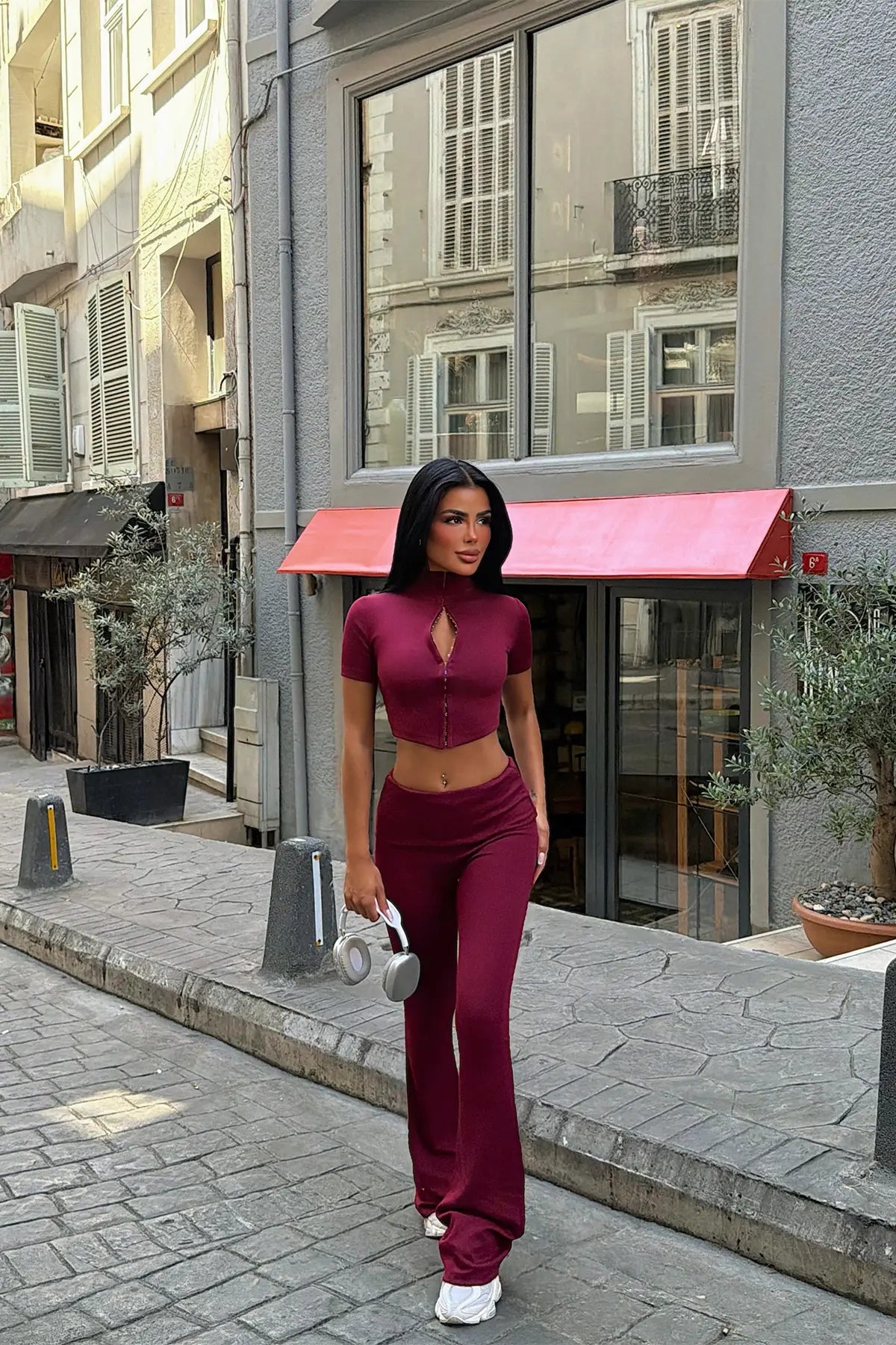 Bordo Fermuar Detay Pantolonlu Takım