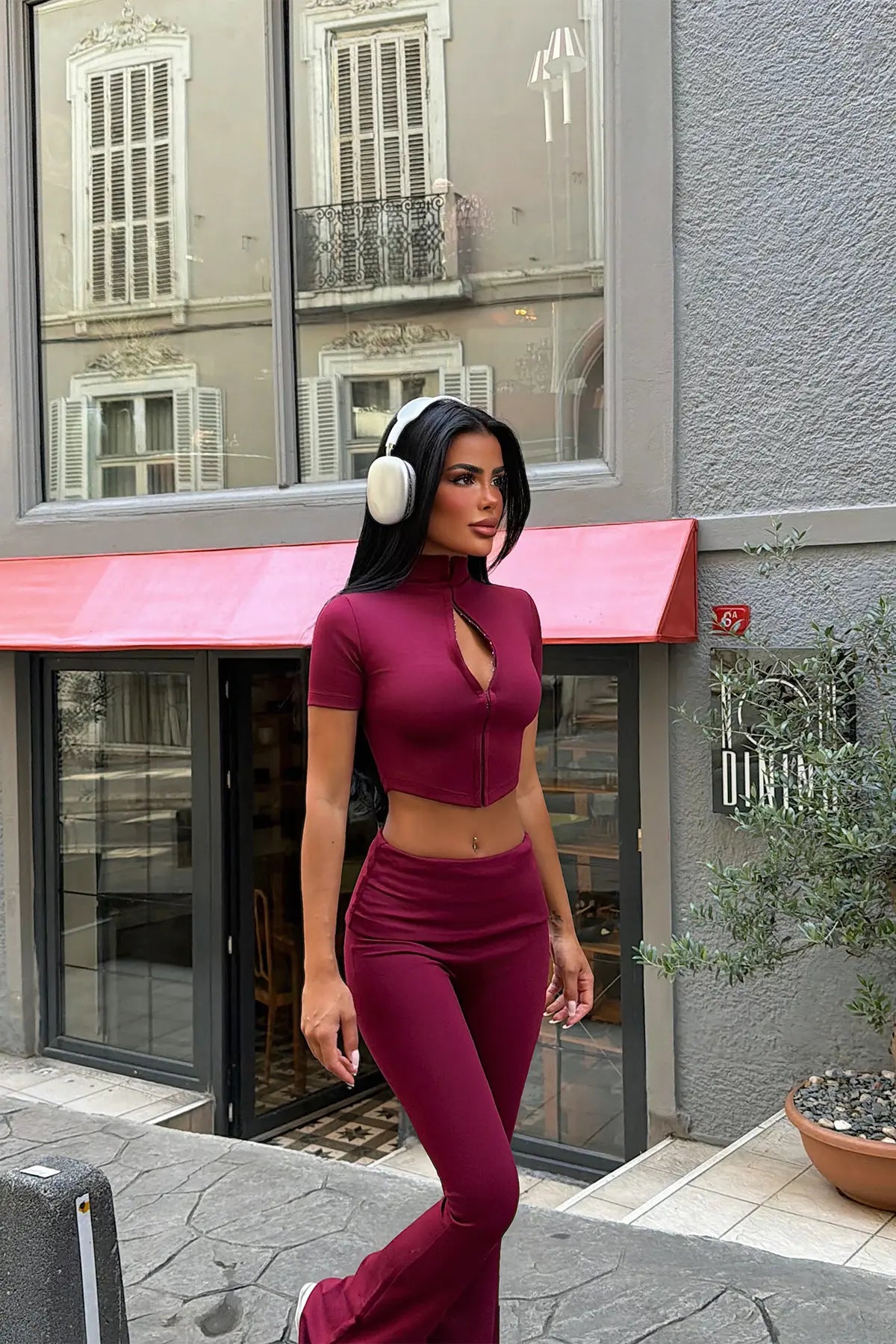 Bordo Fermuar Detay Pantolonlu Takım