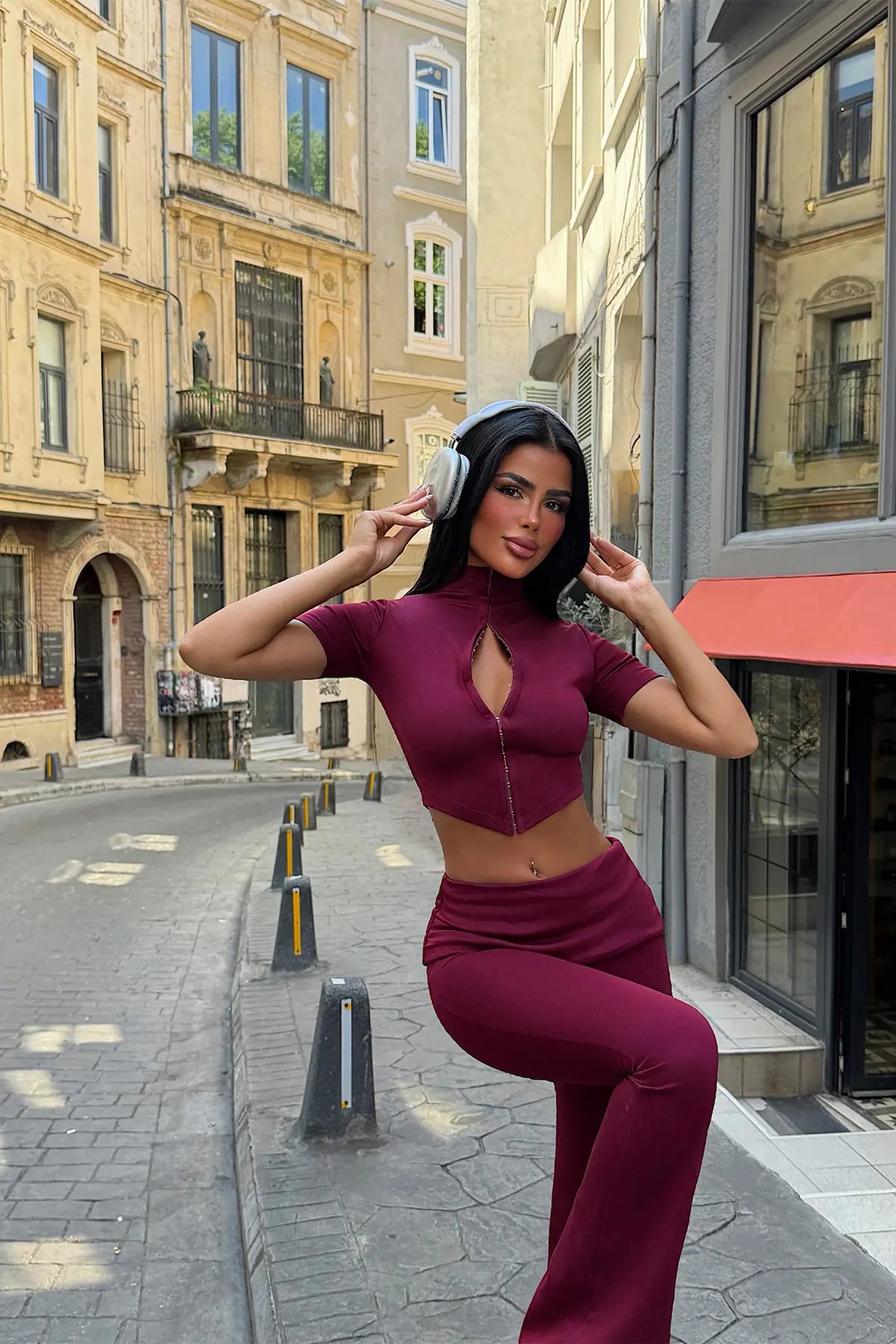 Bordo Fermuar Detay Pantolonlu Takım
