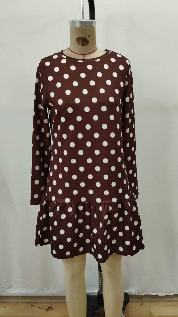 Women's Long Sleeve Crew Neck Ruffled Polka Dot Short Modal Dress, 31540