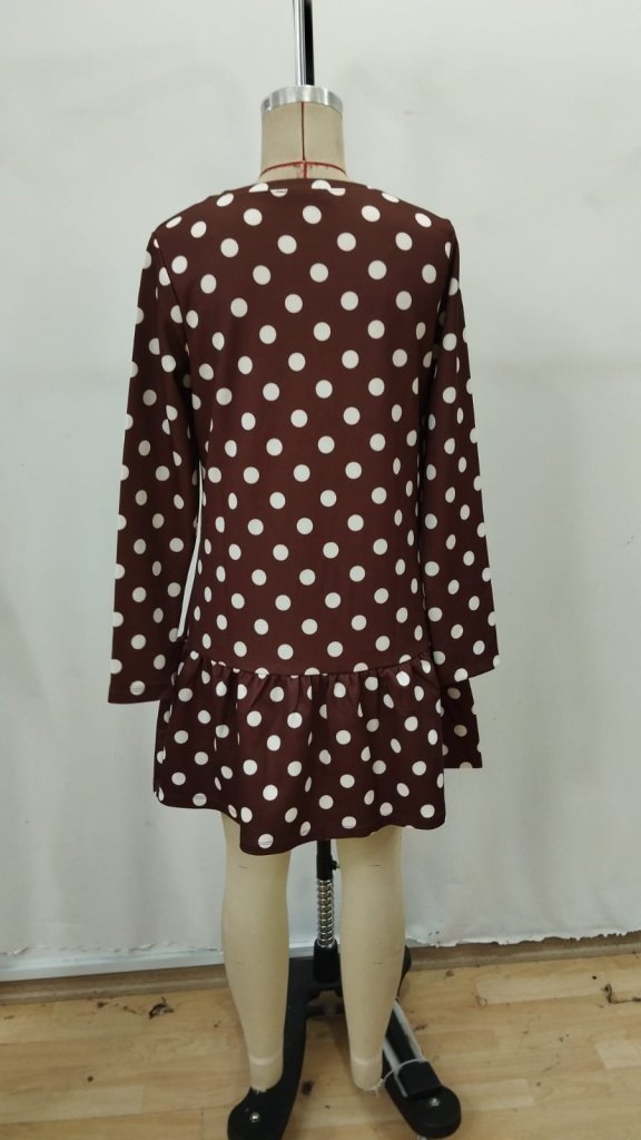 Women's Long Sleeve Crew Neck Ruffled Polka Dot Short Modal Dress, 31540