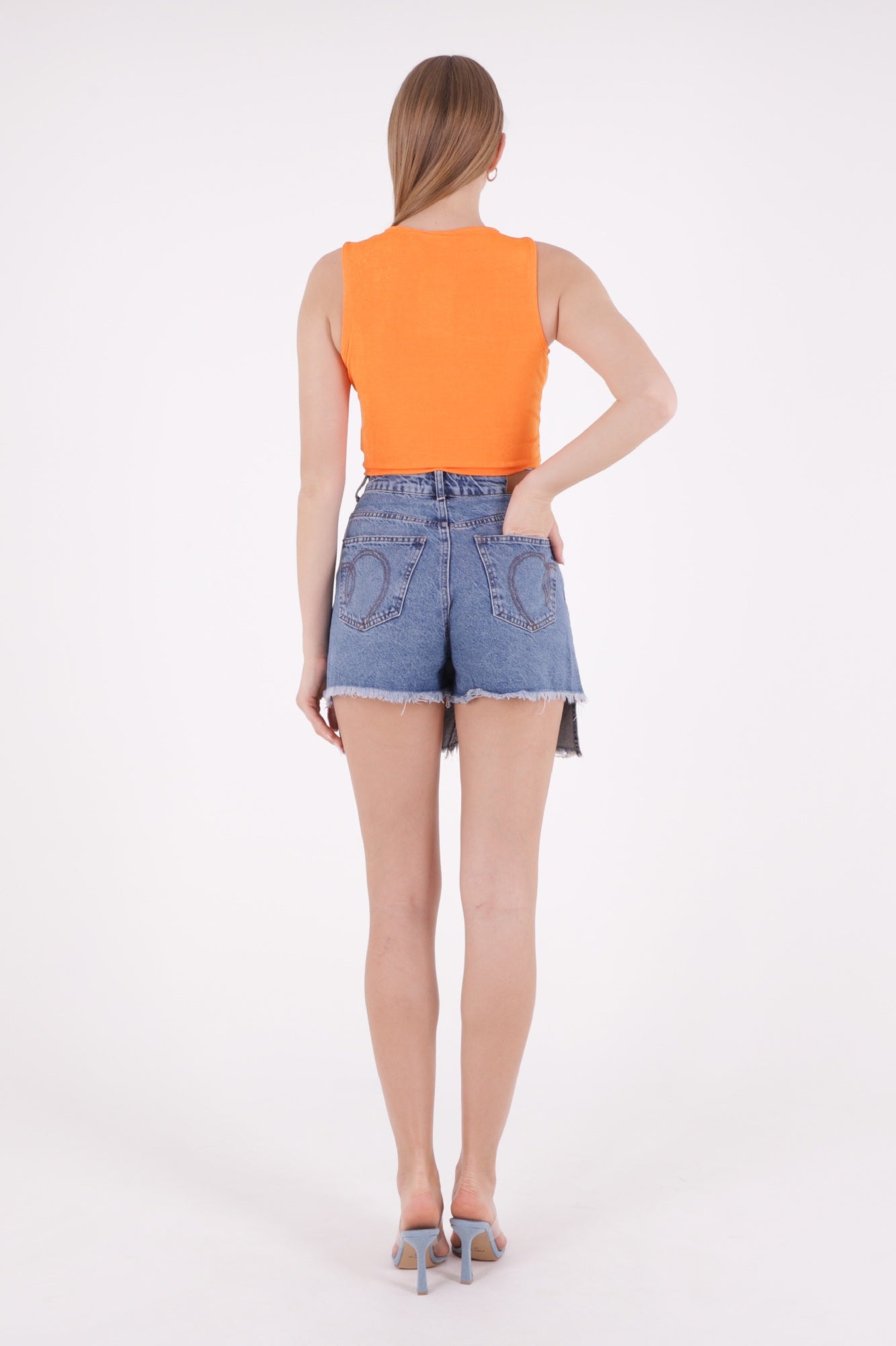 Kalp Cepli Şort Etek - Orta Mavi Kot - (S-XL) - 3