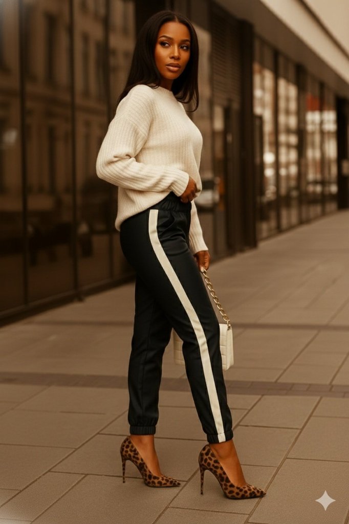 Women's High Waist Elasticated Side Stripe Detail Leather Trousers, 31707