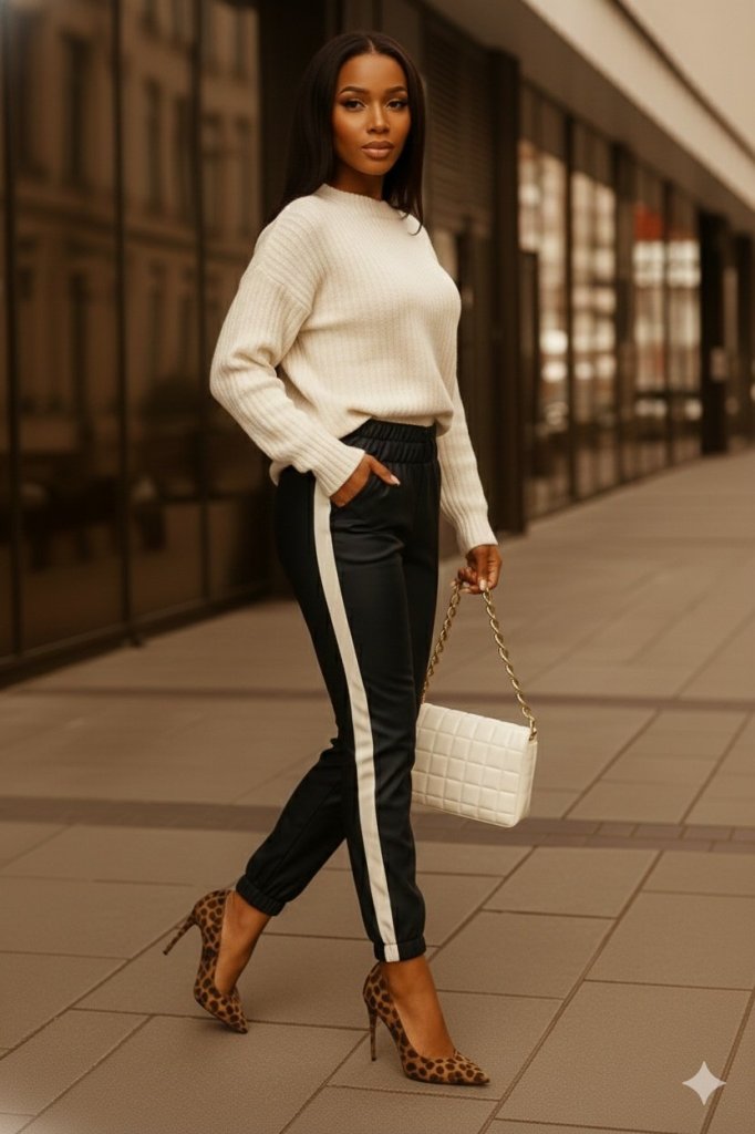 Women's High Waist Elasticated Side Stripe Detail Leather Trousers, 31707