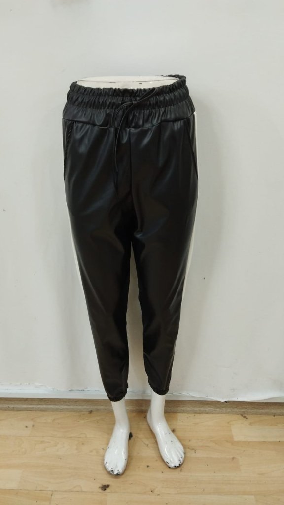 Women's High Waist Elasticated Side Stripe Detail Leather Trousers, 31707