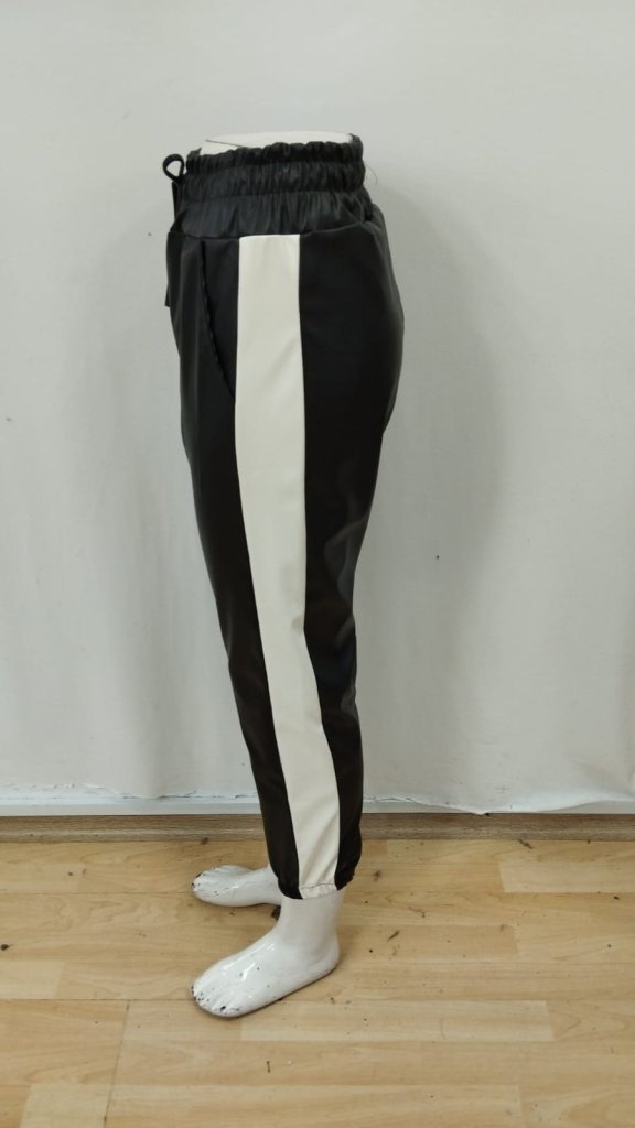 Women's High Waist Elasticated Side Stripe Detail Leather Trousers, 31707