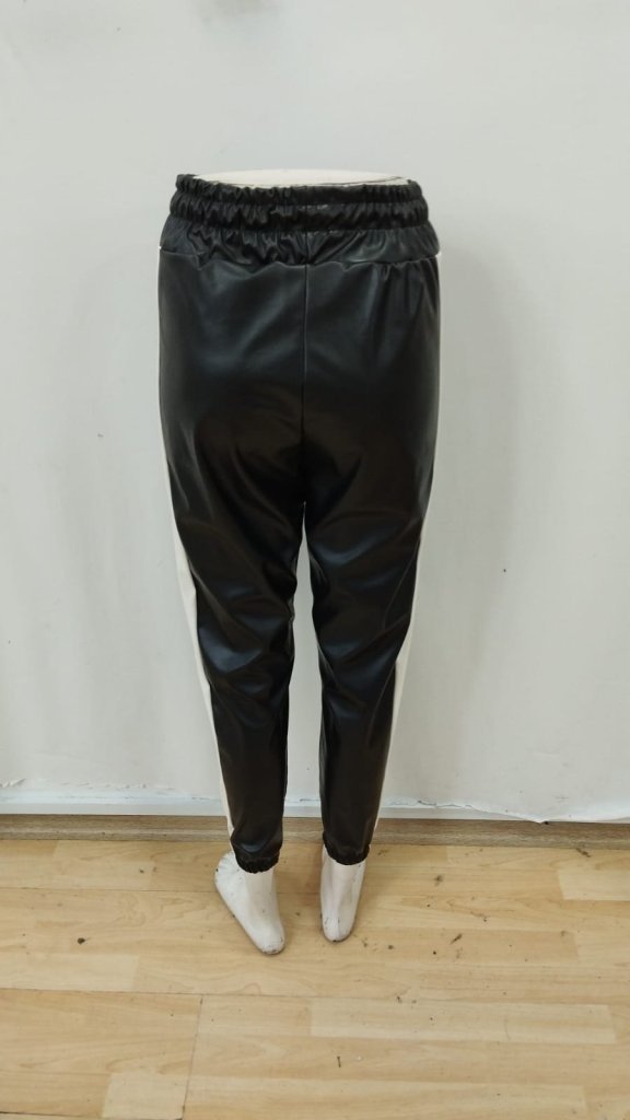 Women's High Waist Elasticated Side Stripe Detail Leather Trousers, 31707
