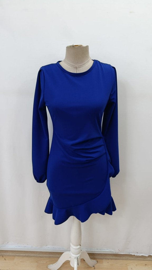Women's Long Sleeve Crew Neck Ruffled Front Imported Crepe Dress, 31643