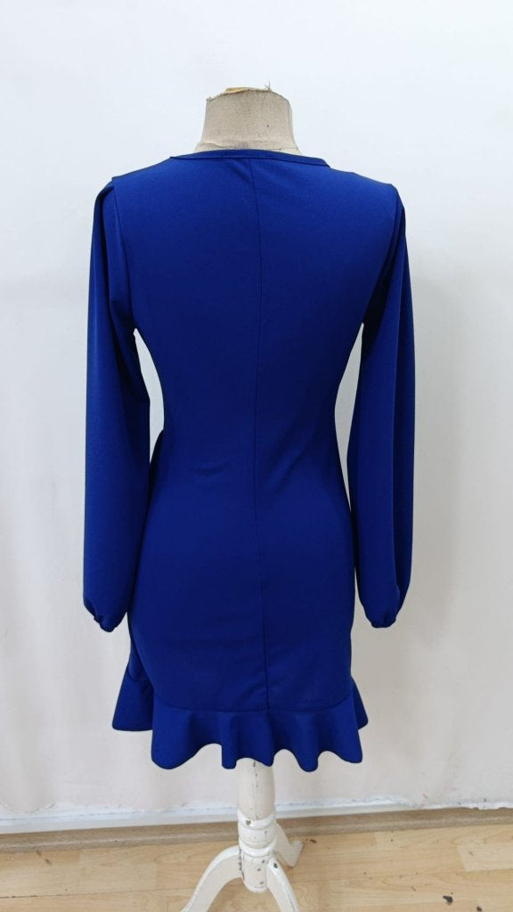 Women's Long Sleeve Crew Neck Ruffled Front Imported Crepe Dress, 31643