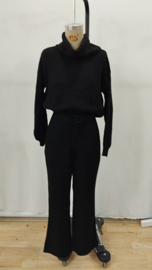 Women's Long-Sleeved Turtleneck Cropped Knit Blouse and Pants Two-Piece Set, 29957