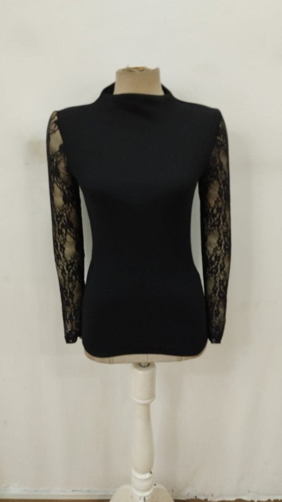 Women's Long Sleeve Semi-Turtleneck Tulle Ribbed Blouse, 31757