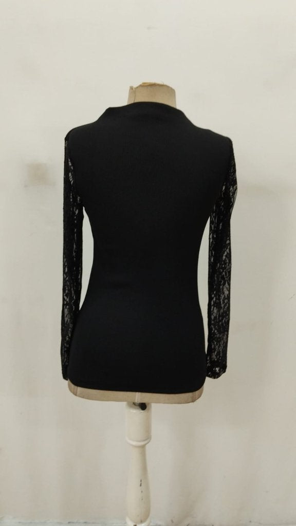 Women's Long Sleeve Semi-Turtleneck Tulle Ribbed Blouse, 31757