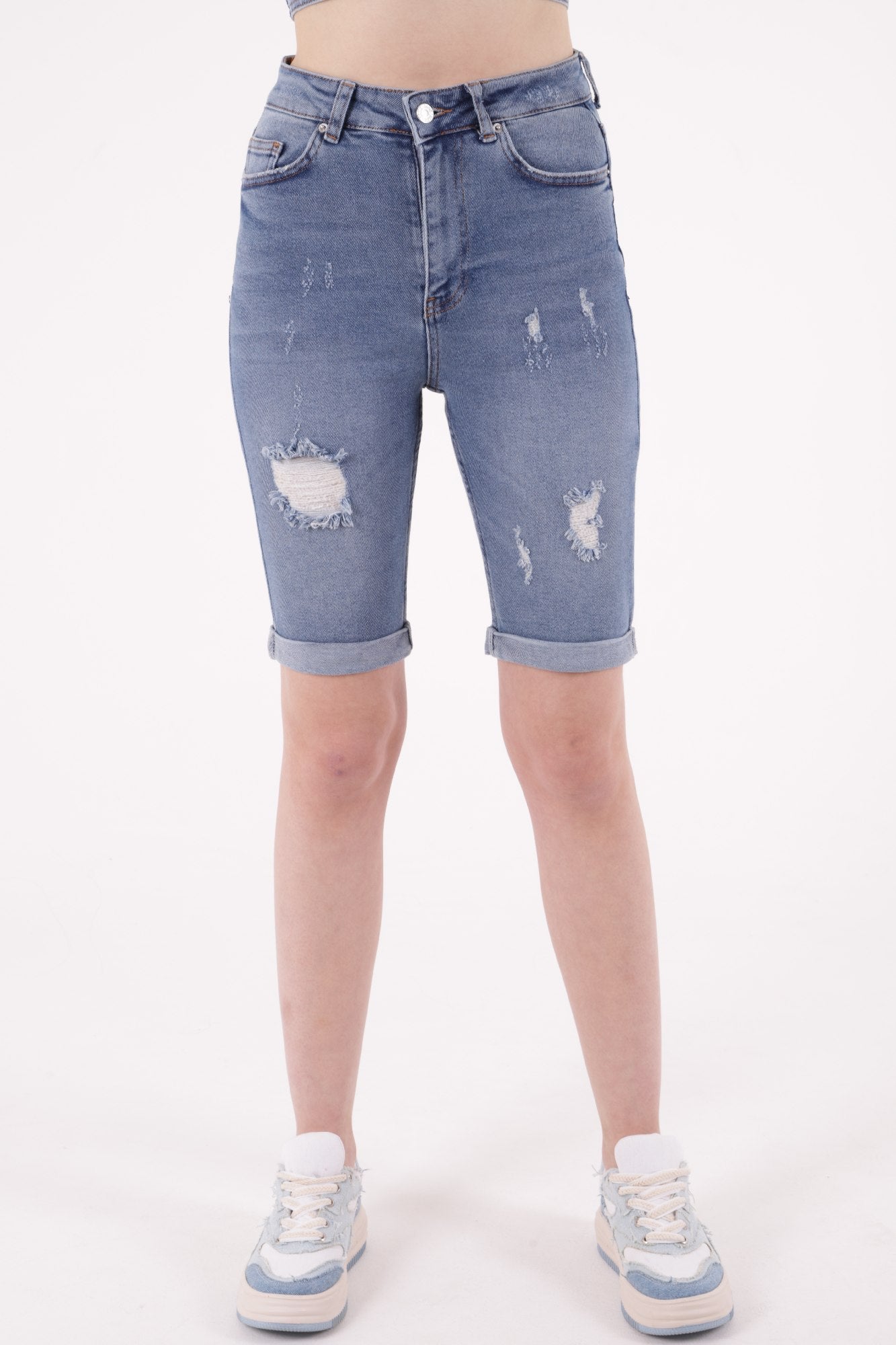 Duble Paça Şort - Orta Mavi Kot - (S-XL-6) - 2