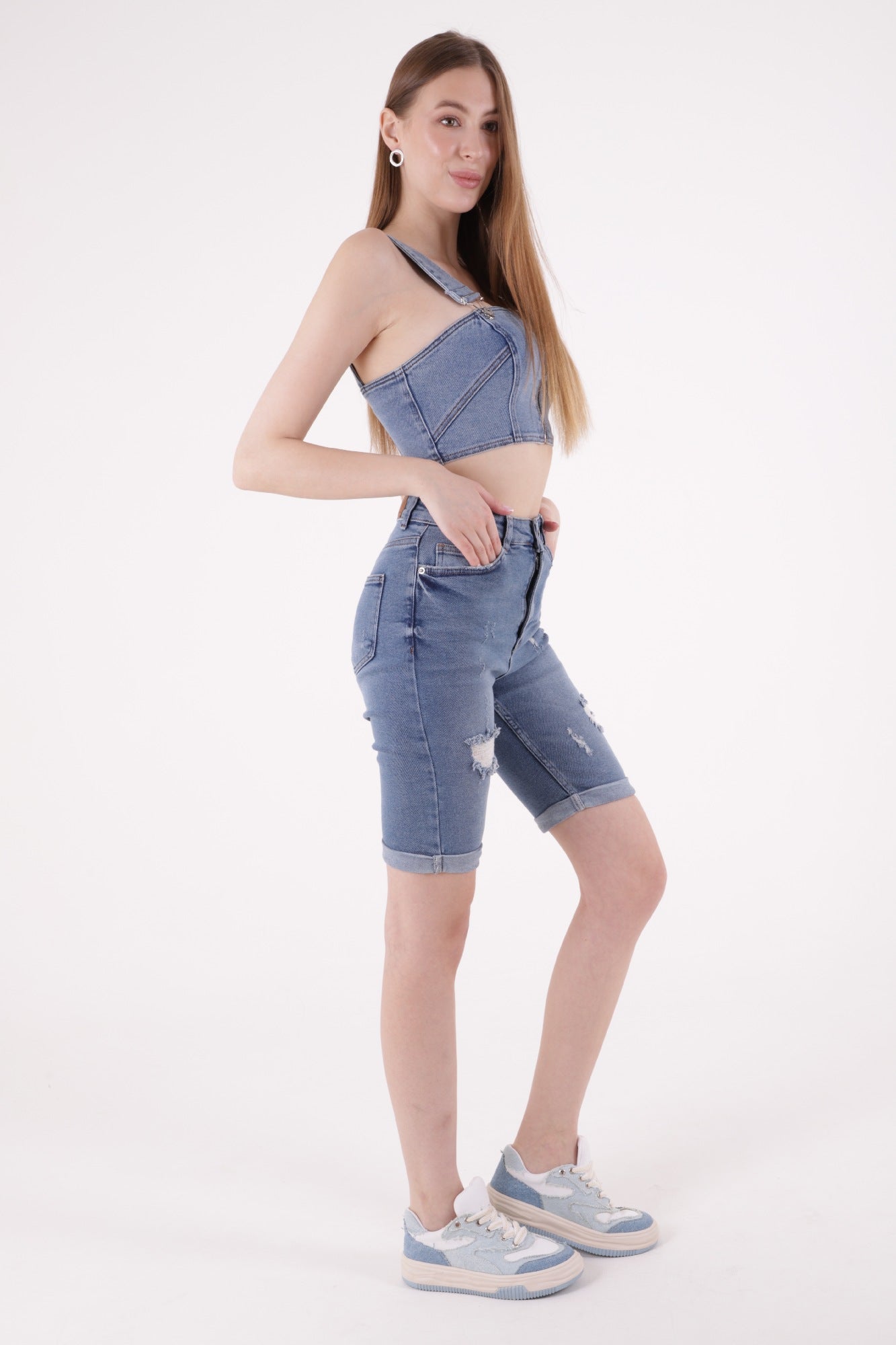 Duble Paça Şort - Orta Mavi Kot - (S-XL-6) - 4