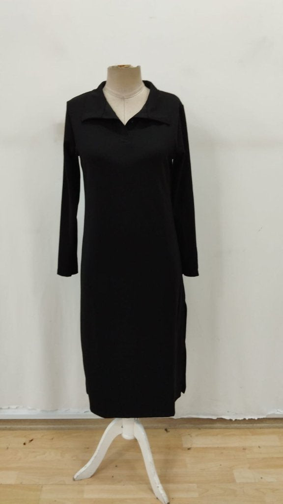 Women's Long Sleeve Collared Side Slit Midi Modal Dress, 30858