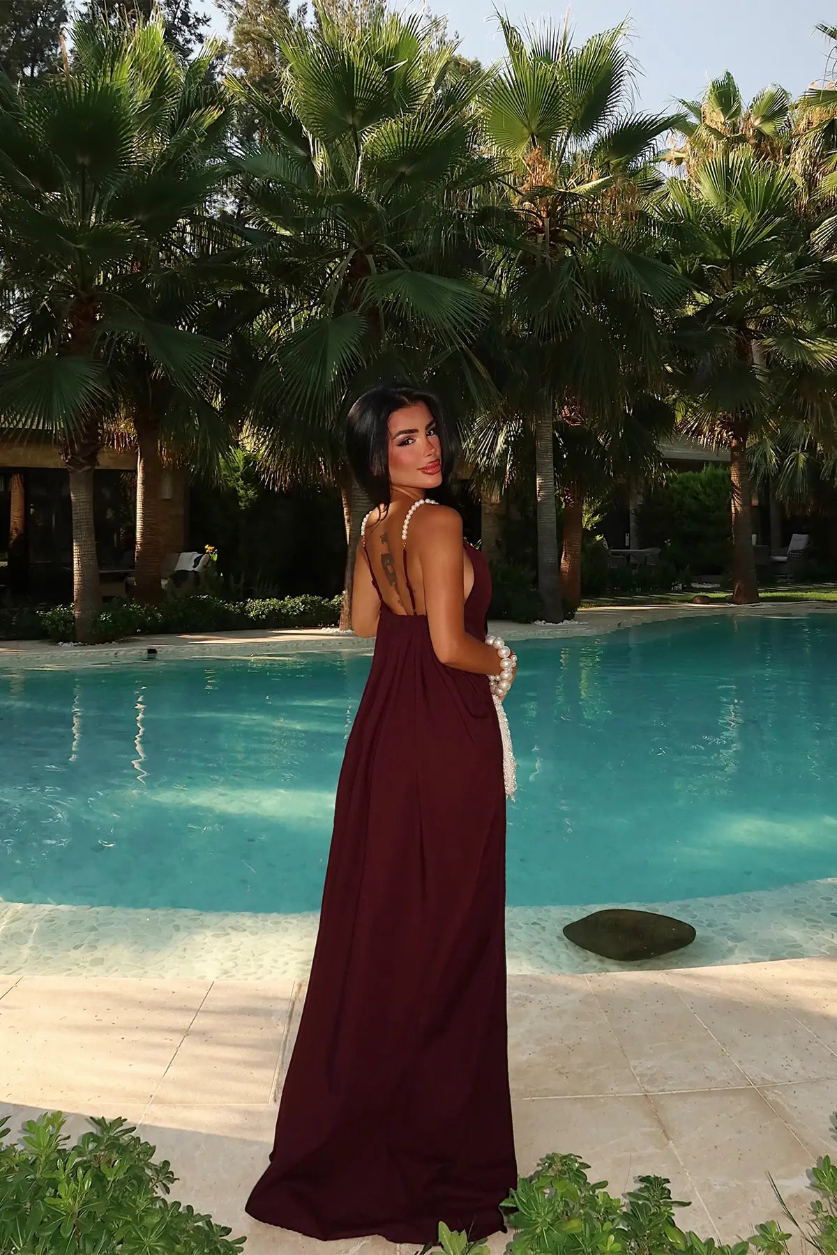 Bordo Askılı V Yaka Elbise