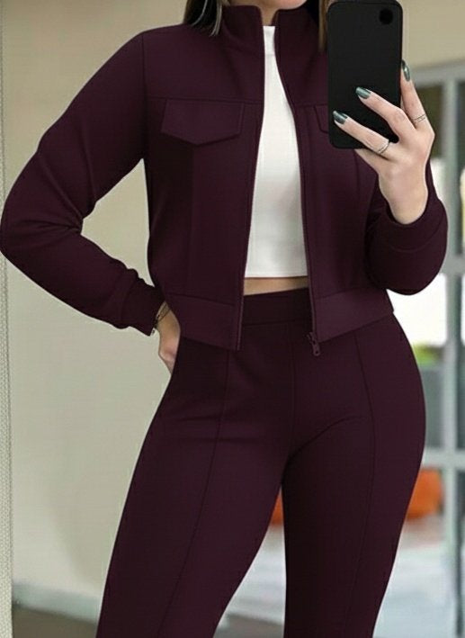 Kadın Uzun Kollu önden Fermuarlı Kısa Modal Mor Ceket Ve Pantolon Ikili Takım , 29865