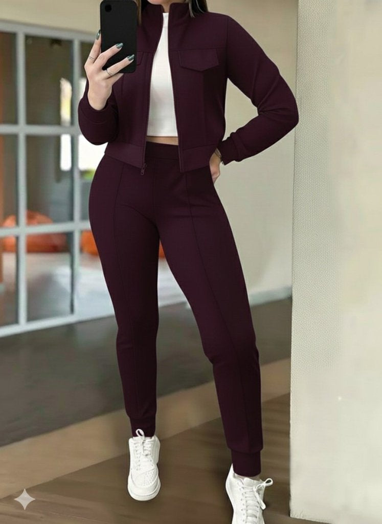 Kadın Uzun Kollu önden Fermuarlı Kısa Modal Mor Ceket Ve Pantolon Ikili Takım , 29865