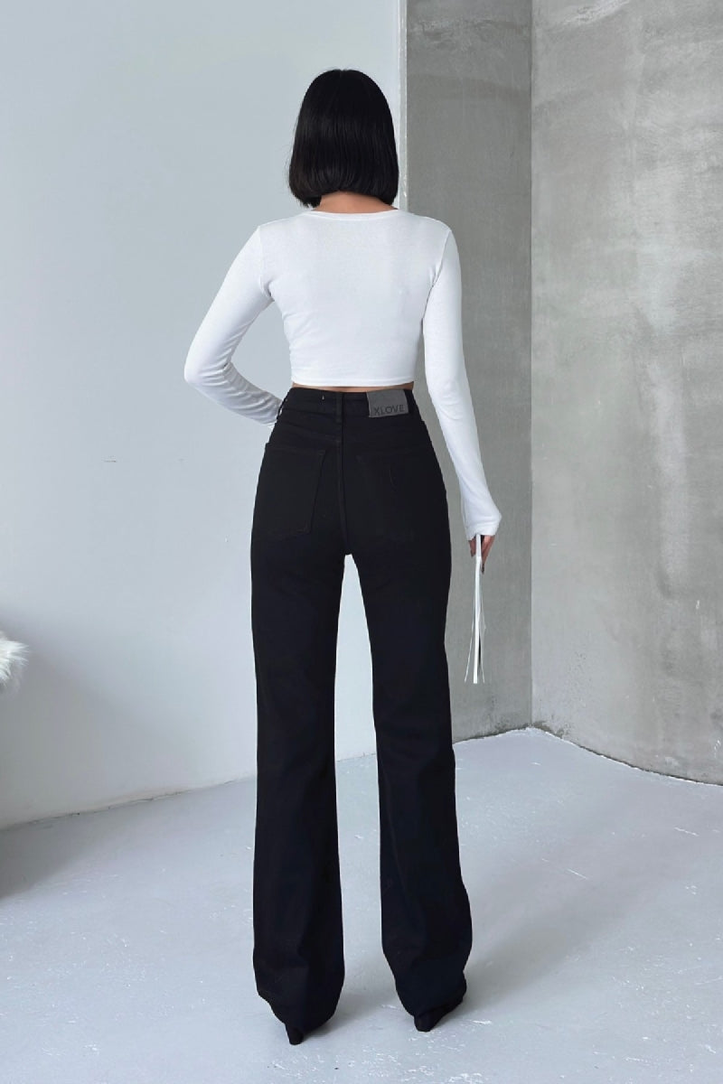 Dikişli Paça Bol Paça Relax Kot Pantolon 7026 - Siyah - (24-29) - 2